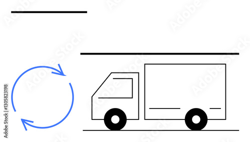Delivery truck with blue circular arrows symbolizing recycling and sustainable logistics. Ideal for shipping, environment, transport, sustainability, recycling, eco-commerce, green initiatives. Flat