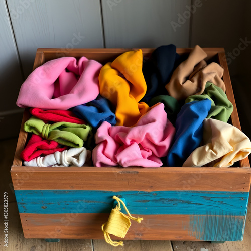 a wooden box with many different colored clothes