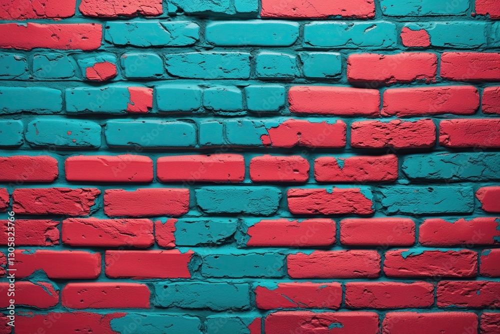 Fototapeta premium Minimalist Neon Red Aqua Brick Wall Texture Vintage Pattern with Bold Edgy Background