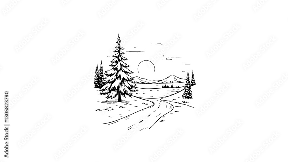 Obraz premium Serene winter landscape with road and mountains, peaceful nature