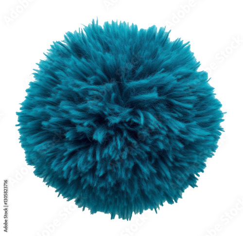 Teal fluffy pom-pom on transparent background, soft texture. Decorative accessory concept