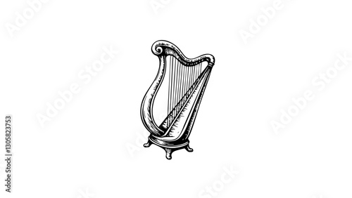 Elegant Irish harp sketch on white background, cultural symbol