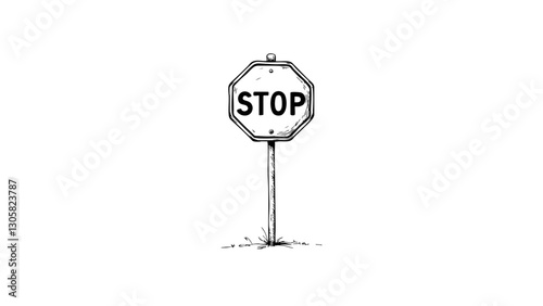 Sketch of a stop sign standing on grass, warning and caution