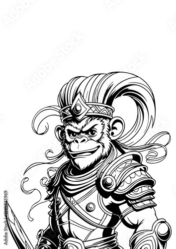 Fierce Monkey Warrior in Battle Armor – Black and White Digital Illustration