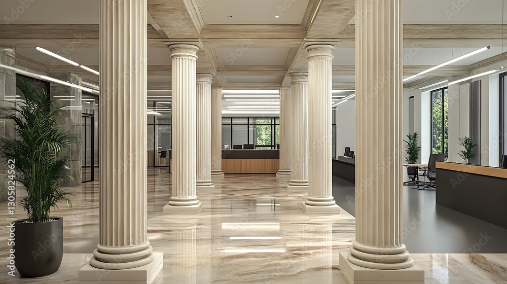 Fototapeta premium Neoclassical office lobby with elegant marble floors and grand columns For Modern classic design blend seamlessly concept.