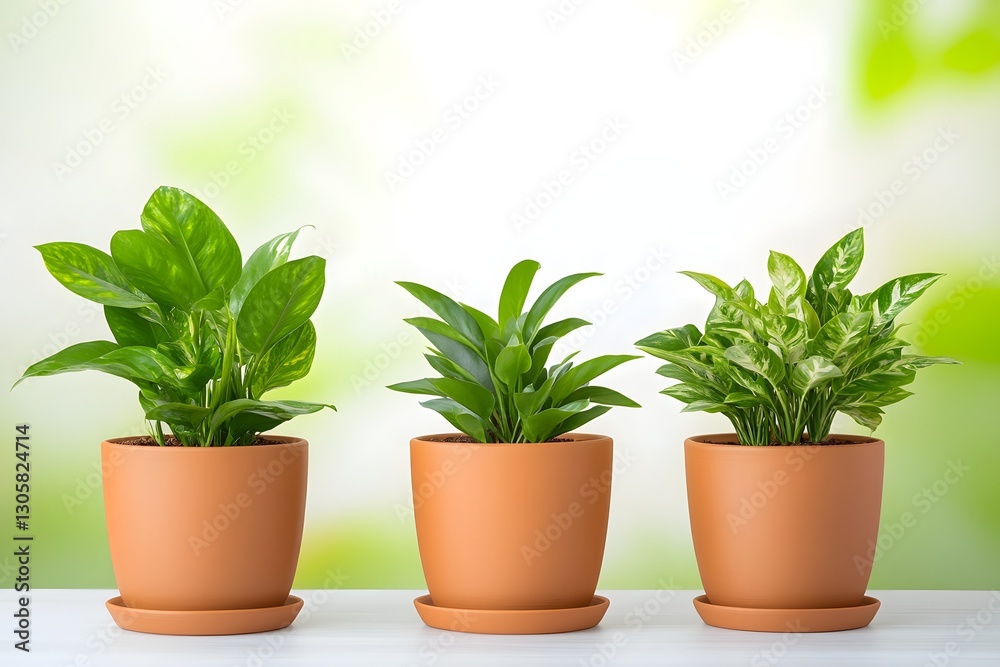 Trio of potted houseplants in modern minimalist home or office decor setting Trio of potted houseplants in modern minimalist home or office decor setting
