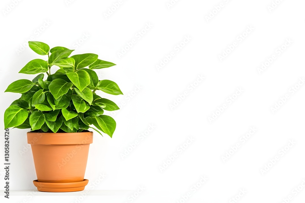 Obraz premium Thriving Houseplant in Terracotta Pot Cascading over Minimalist White Backdrop