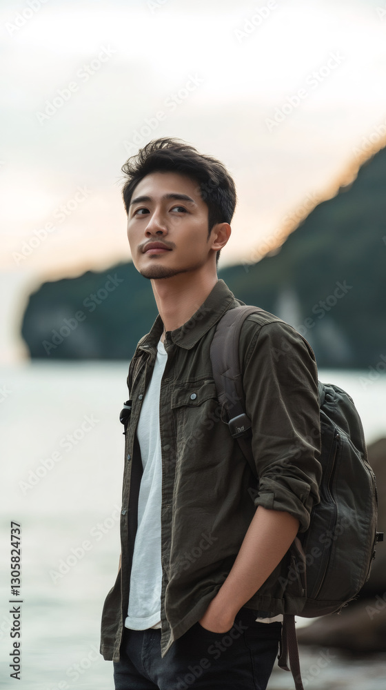 Portrait of a young hiker with backpack looking away, enjoying the view of a lake surrounded by mountains Portrait of a young hiker with backpack looking away, enjoying the view of a lake surrounded by mountains