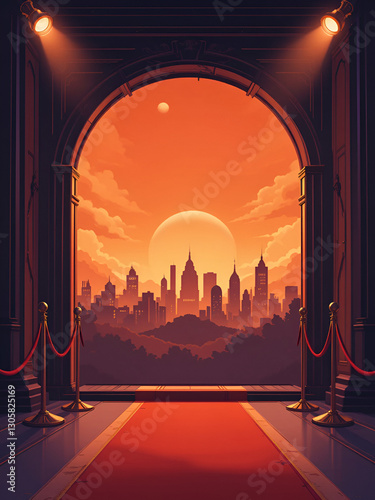 Welcome to Paragon open backdrop background, cityscape silhouette with orange sky and red carpet with orange floor, cartoon illustration