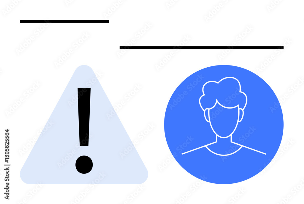 Exclamation mark in triangle alongside user profile symbol highlights a warning or safety alert. Ideal for user notifications, caution, privacy, error, awareness, compliance, responsibility. Clean Exclamation mark in triangle alongside user profile symbol highlights a warning or safety alert. Ideal for user notifications, caution, privacy, error, awareness, compliance, responsibility. Clean