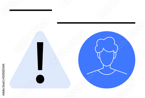 Exclamation mark in triangle alongside user profile symbol highlights a warning or safety alert. Ideal for user notifications, caution, privacy, error, awareness, compliance, responsibility. Clean