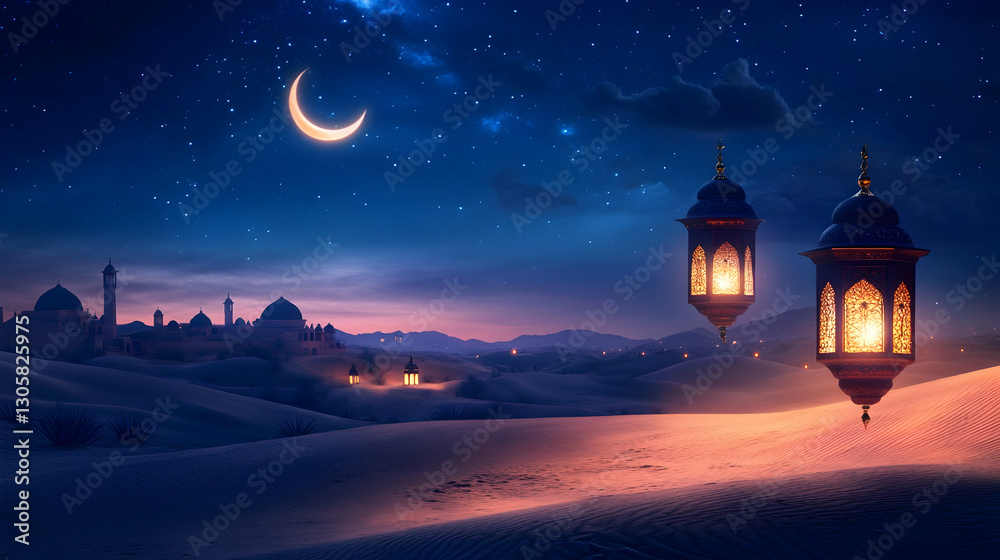 Naklejka premium Night desert landscape with glowing lanterns and crescent moon for Ramadan-themed backdrops