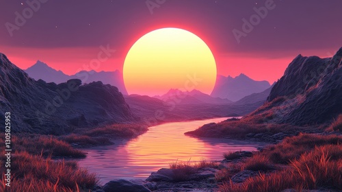 Wallpaper Mural A beautiful sunset over mountains and a calm river landscape Torontodigital.ca