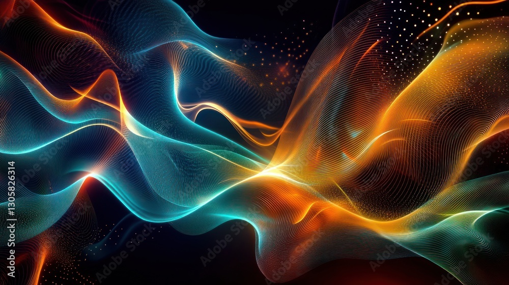 Fototapeta premium Abstract flowing energy waves and particles on dark background