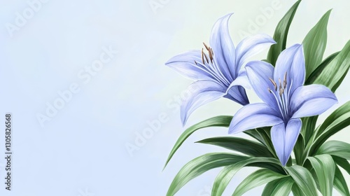 Two elegant blue lilies with green leaves on display