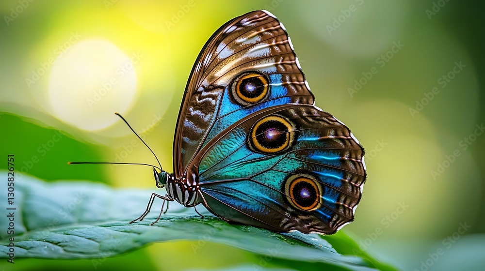 Naklejka premium Vibrant Blue Morpho Butterfly on Lush Green Leaf