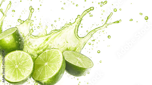 A splash of lime juice is splattered across a white background