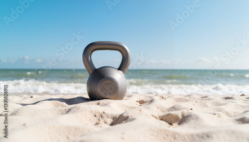 Kettlebell on sandy beach with ocean background