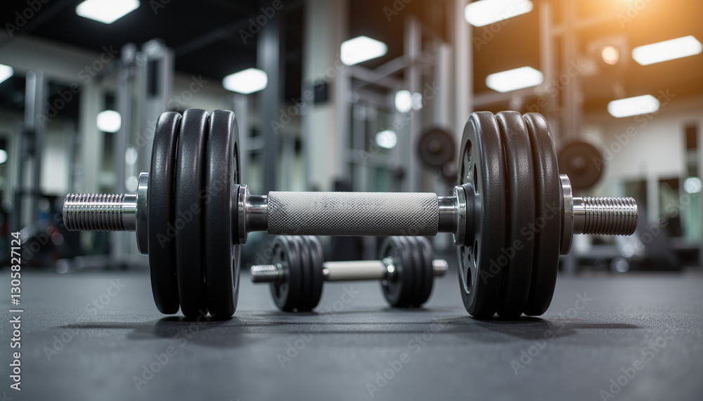 Fototapeta premium Dumbbells resting on gym floor in modern fitness center