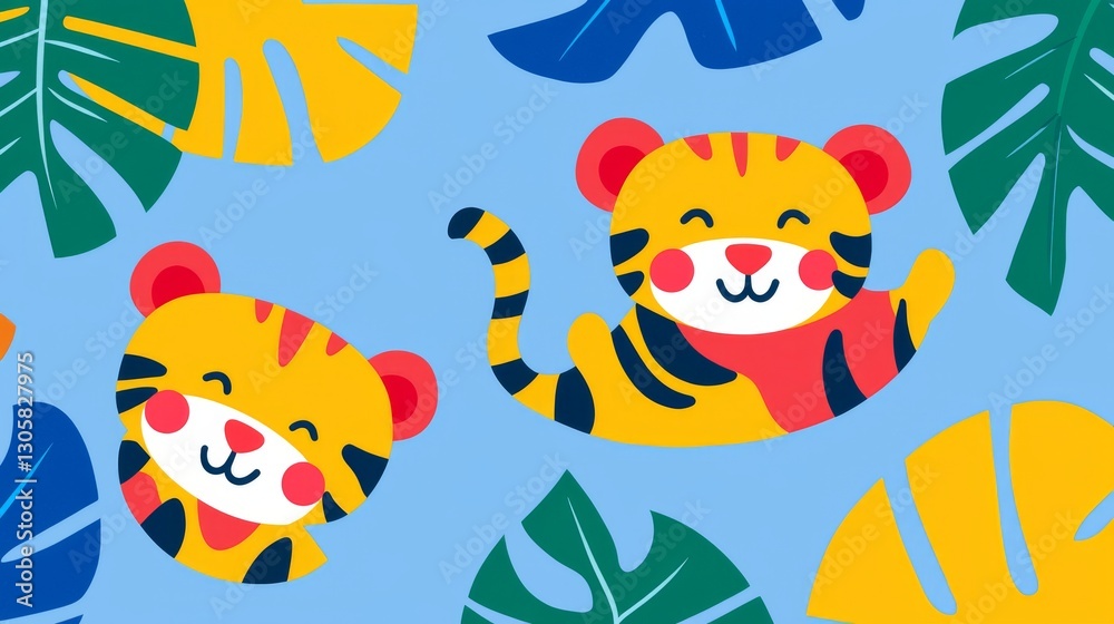 Fototapeta premium Adorable Tiger Pattern with Tropical Leaves