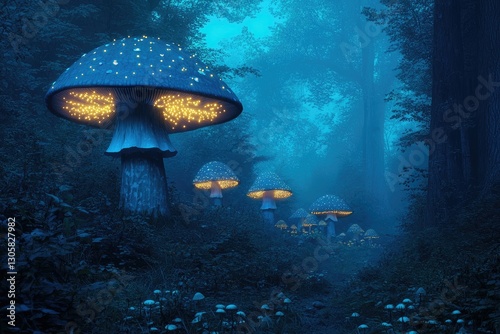 Tiny mushroom village hidden in deep forest, glowing lights, whimsical fantasy style  photo