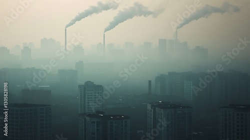 A heavily polluted industrial city where thick smog forces residents to wear masks whenever they step outside. photo