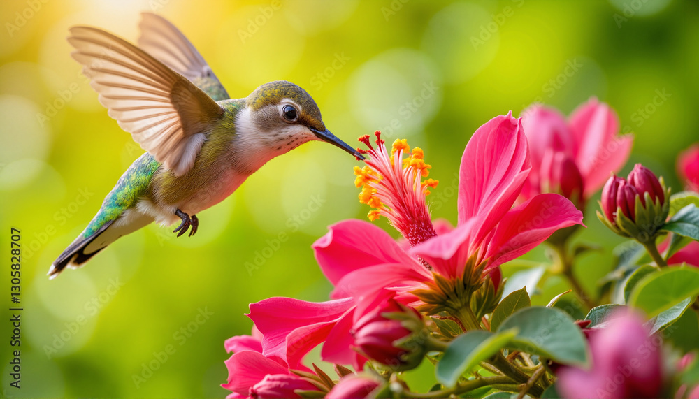 Fototapeta premium Hummingbird hovering over bright pink flower