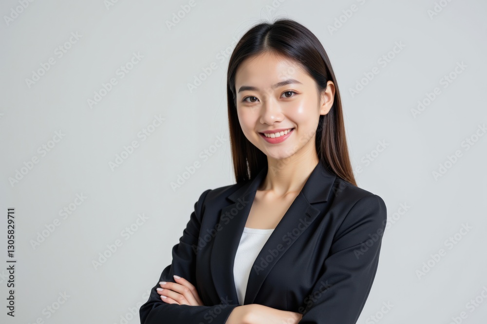 Professional Young Asian Woman in a Black Suit Pose against a Minimalistic Background, Exuding Confidence and Elegance in a Business Environment Professional Young Asian Woman in a Black Suit Pose against a Minimalistic Background, Exuding Confidence and Elegance in a Business Environment
