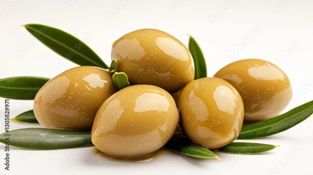 Fresh Green Olives with Olive Leaves Displayed on a White Background for Culinary Art Fresh Green Olives with Olive Leaves Displayed on a White Background for Culinary Art