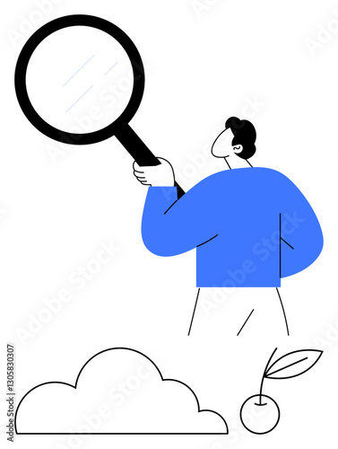 Individual examining surroundings with a magnifying glass, cloud, and sapling. Ideal for research, discovery, attention to detail, analysis, exploration growth science. Flat simple metaphor