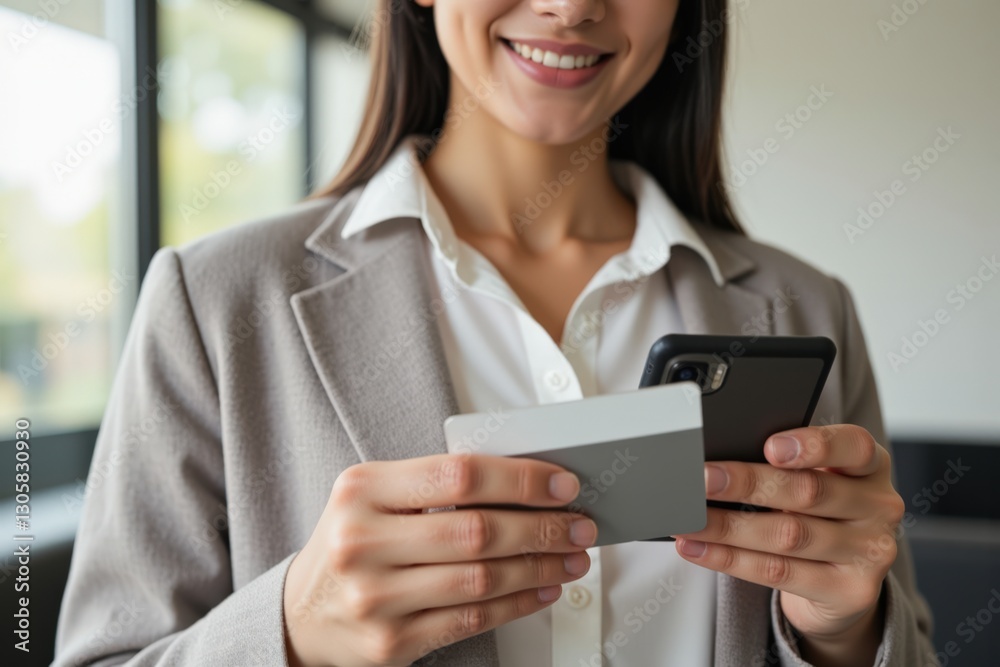 Smiling Adult Woman of Asian Descent Holding Smartphone and Credit Card, Engaged in Online Shopping at Modern Office with Natural Light Smiling Adult Woman of Asian Descent Holding Smartphone and Credit Card, Engaged in Online Shopping at Modern Office with Natural Light