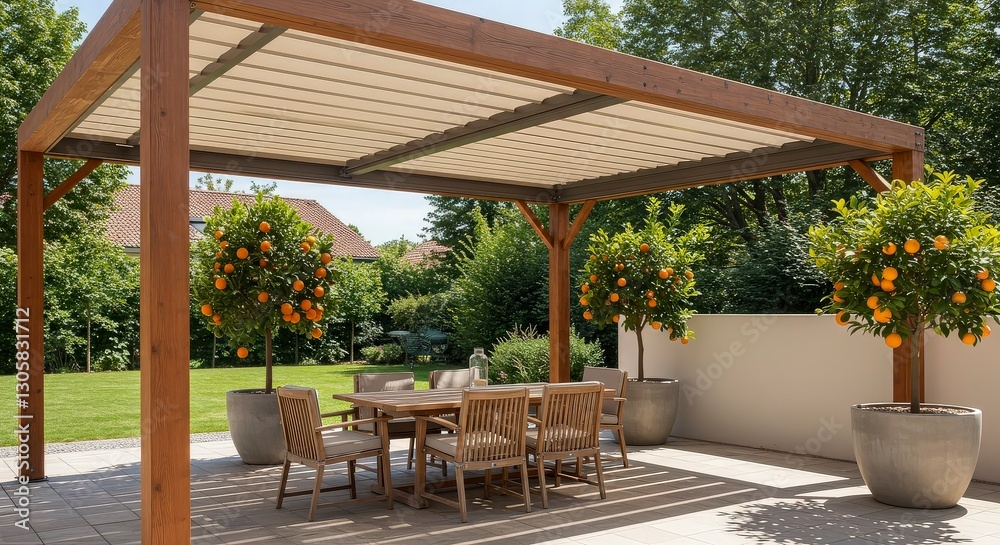 Fototapeta premium Wooden Pergola Outdoor Dining Area Sunny Day Patio Furniture Ultra HD 4K
