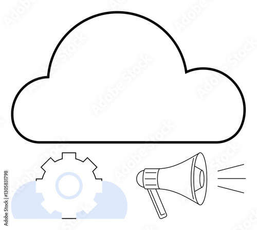 Cloud with gear and megaphone symbolizing data integration, technical innovation, connectivity, and messaging. Ideal for cloud computing, collaboration, analytics, solutions, communication