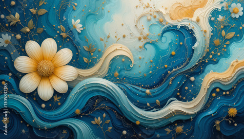 Floral Waves of Gold and Blue – Abstract Fantasy Art