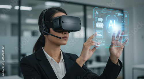 A businesswoman wearing virtual reality goggles interacts with a holographic screen displaying AI-related graphics in a contemporary office environment. The focus is on innovative technology