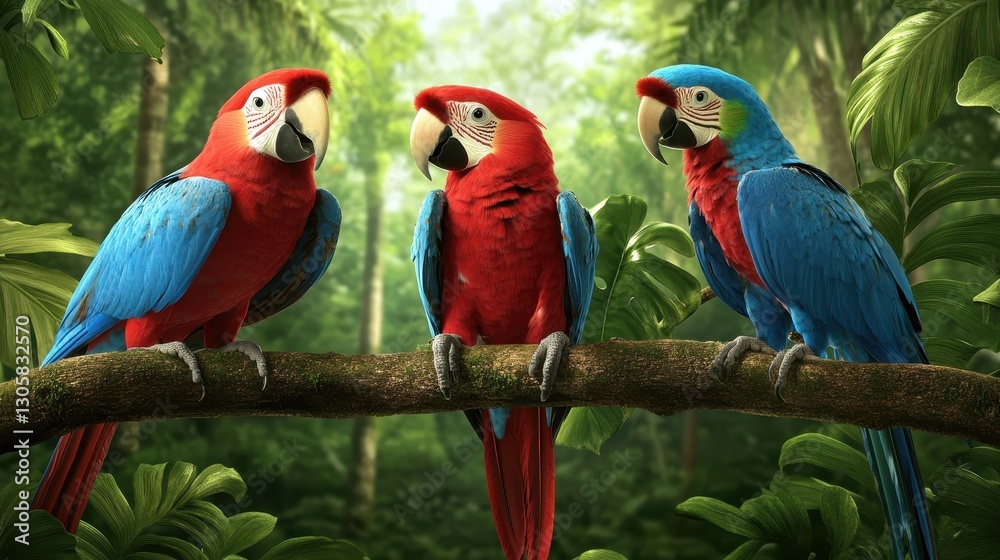 Vibrant Group of Colorful Parrots Perched on Branch in Lush Tropical Forest Setting Vibrant Group of Colorful Parrots Perched on Branch in Lush Tropical Forest Setting