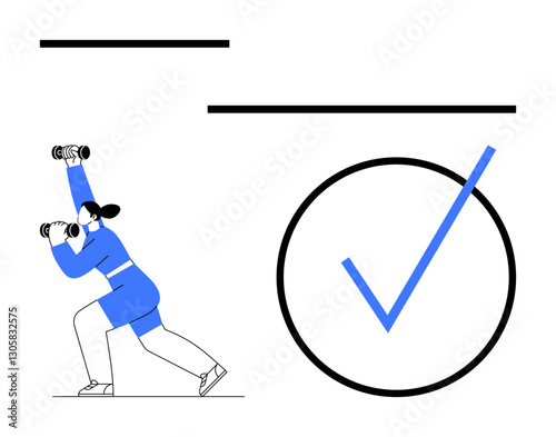 Woman lifting dumbbells while lunging near a checkmark symbol. Ideal for fitness, goal setting, motivation, progress, personal development, wellness, and achievement. Flat simple metaphor