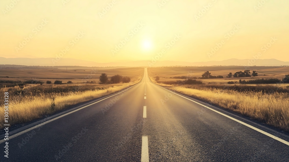 Naklejka premium A serene view of a winding road stretching into the horizon at sunset.