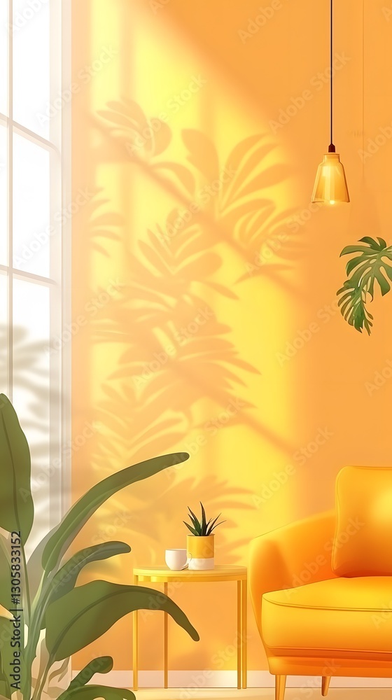 Obraz premium Sunny Yellow Living Room Interior Design with Plant Shadows