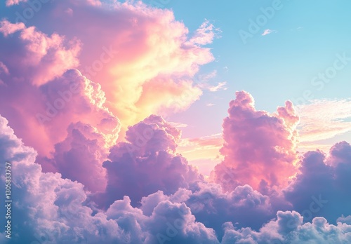 Majestic Pink and Blue Clouds Under Sunset Sky Creating Serene and Dreamlike Atmosphere in Nature's Beautiful Display of Colorful Scenery