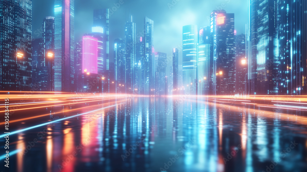 Futuristic neon cityscape at night with glowing reflections. Futuristic neon cityscape at night with glowing reflections.