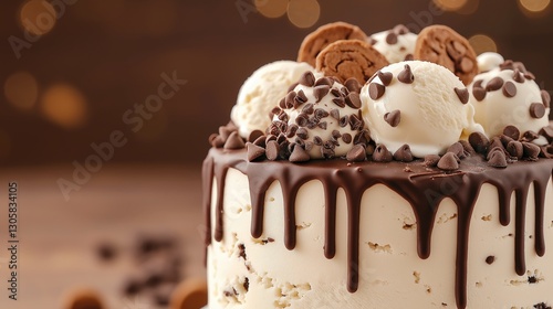 Chocolate drip cake with ice cream scoops and cookie toppings