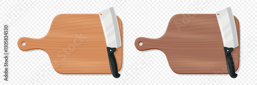 Wooden Cutting Board with Meat Cleaver, Vector Illustration. Kitchen Chopping Board for Food Preparation. Butcher Knife for Meat Cutting. Kitchenware for Cooking, Culinary Tool for Restaurants