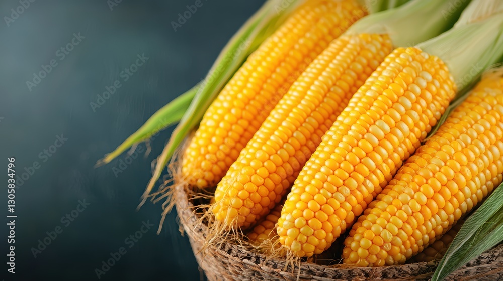 Fototapeta premium Freshly harvested corn cobs in a rustic basket