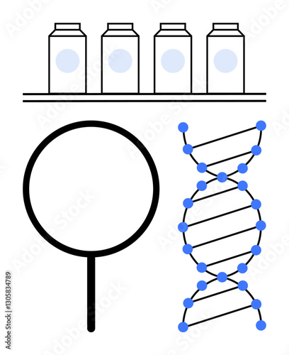 Milk containers on shelf, magnifying glass, and DNA strand. Ideal for nutrition, food safety, quality inspection, science, research biotechnology and genetics. Flat simple metaphor