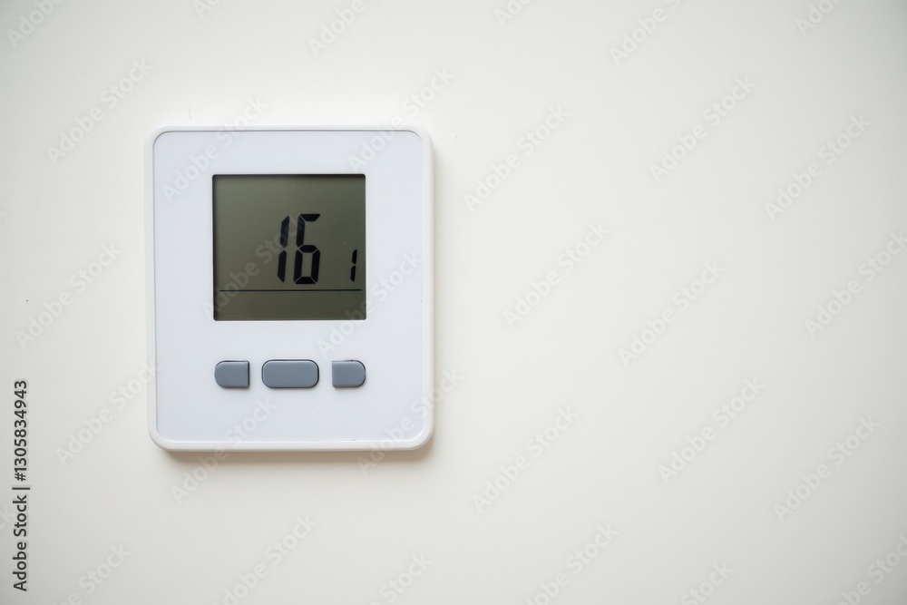 Digital Thermostat Displaying Temperature of 16 Degrees Celsius on a Light-Colored Wall, Ideal for Climate Control in Home or Office Environments