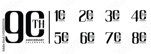 Collection of 10th to 90th anniversary logo designs, anniversary logos with black numbers on a white background for celebration events, congratulations, invitations, greetings