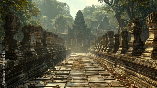 Ancient Cityscape Surrounded by Lush Vegetation in Southeast Asia's Ruins