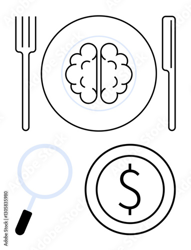 Brain on plate with cutlery symbolizes intellectual appetite magnifier indicates analysis and learning coin reflects financial value. Ideal for education, research, business, growth, innovation