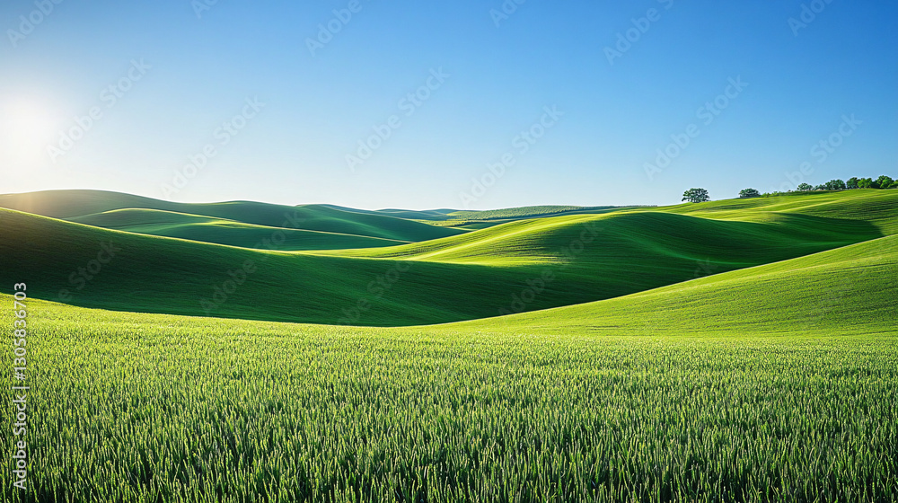 Fototapeta premium Serene early morning scene of rolling green hills under a clear blue sky, ideal for nature-themed designs, summer events, and tranquility-focused projects.